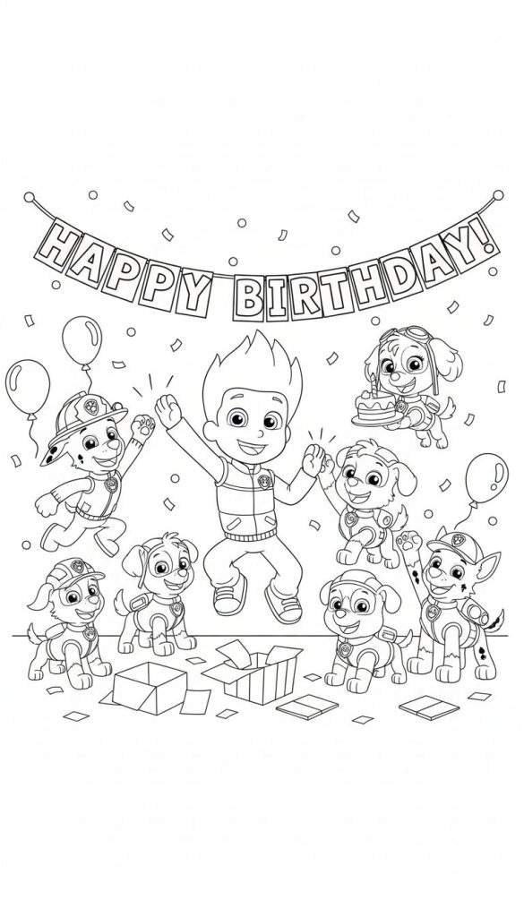 Zwart-wit Paw Patrol kleurplaat van een vrolijk verjaardagsfeestje. Ryder springt blij omhoog, omringd door de pups Marshall, Skye, Rocky, Chase en Rubble. Er zijn slingers, ballonnen, confetti, een verjaardagstaart en cadeaus te zien.