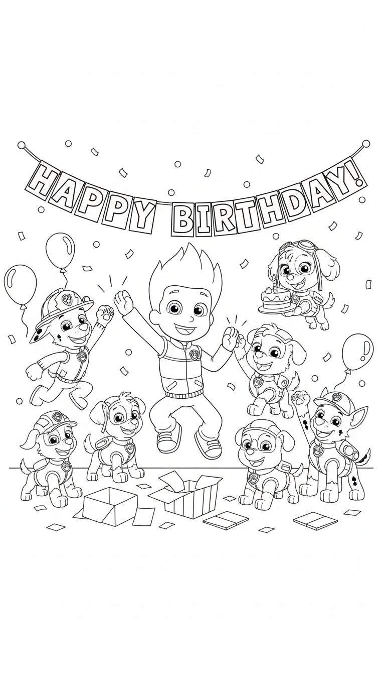 Zwart-wit Paw Patrol kleurplaat van een vrolijk verjaardagsfeestje. Ryder springt blij omhoog, omringd door de pups Marshall, Skye, Rocky, Chase en Rubble. Er zijn slingers, ballonnen, confetti, een verjaardagstaart en cadeaus te zien.