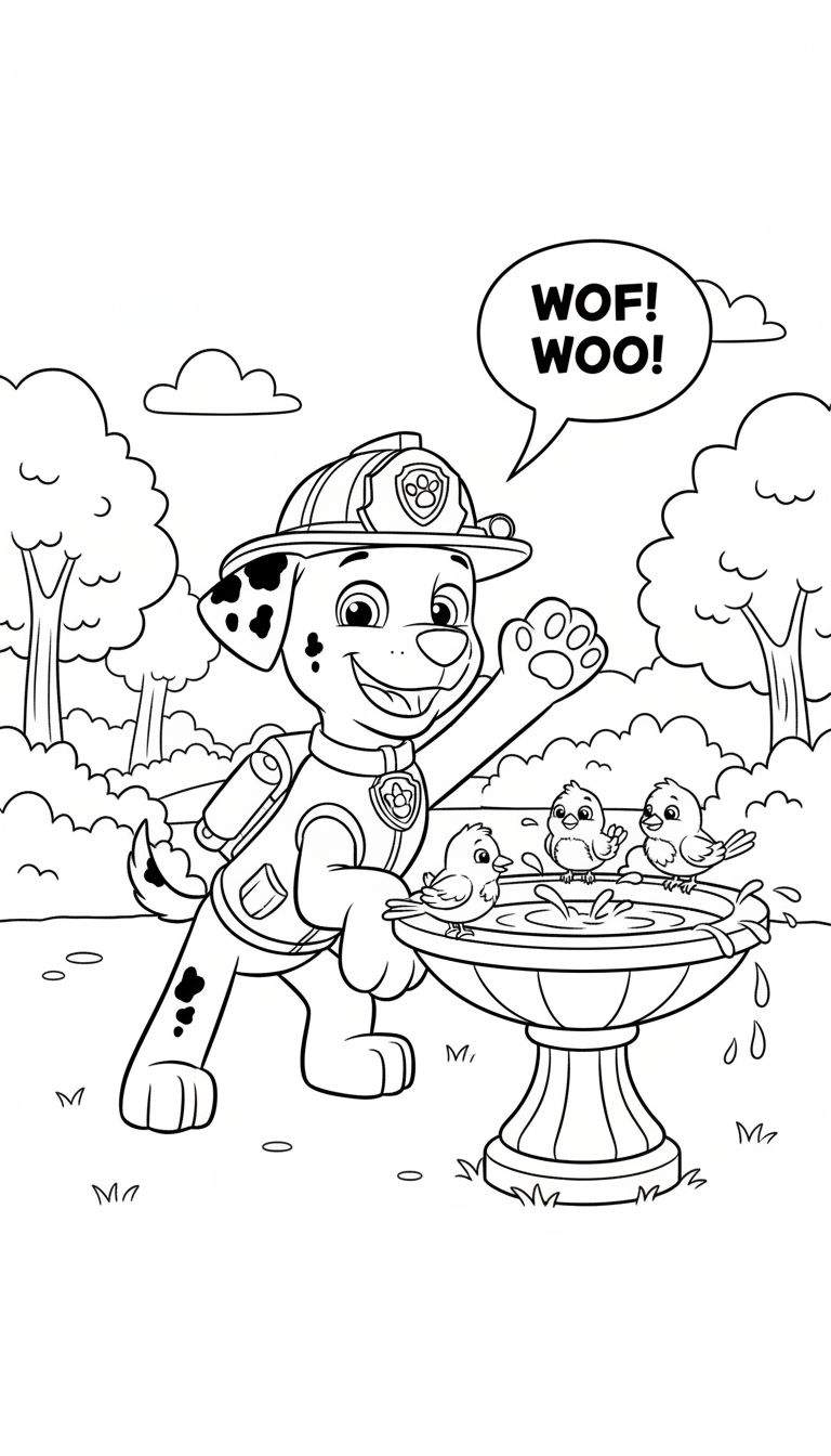 Zwart-wit kleurplaat van Marshall van Paw Patrol, een dalmatiër brandweerhond die lachend zwaait, met een tekstballon 'WOF! WOO!' en een vogelbadje met drie vogeltjes in een tuin.