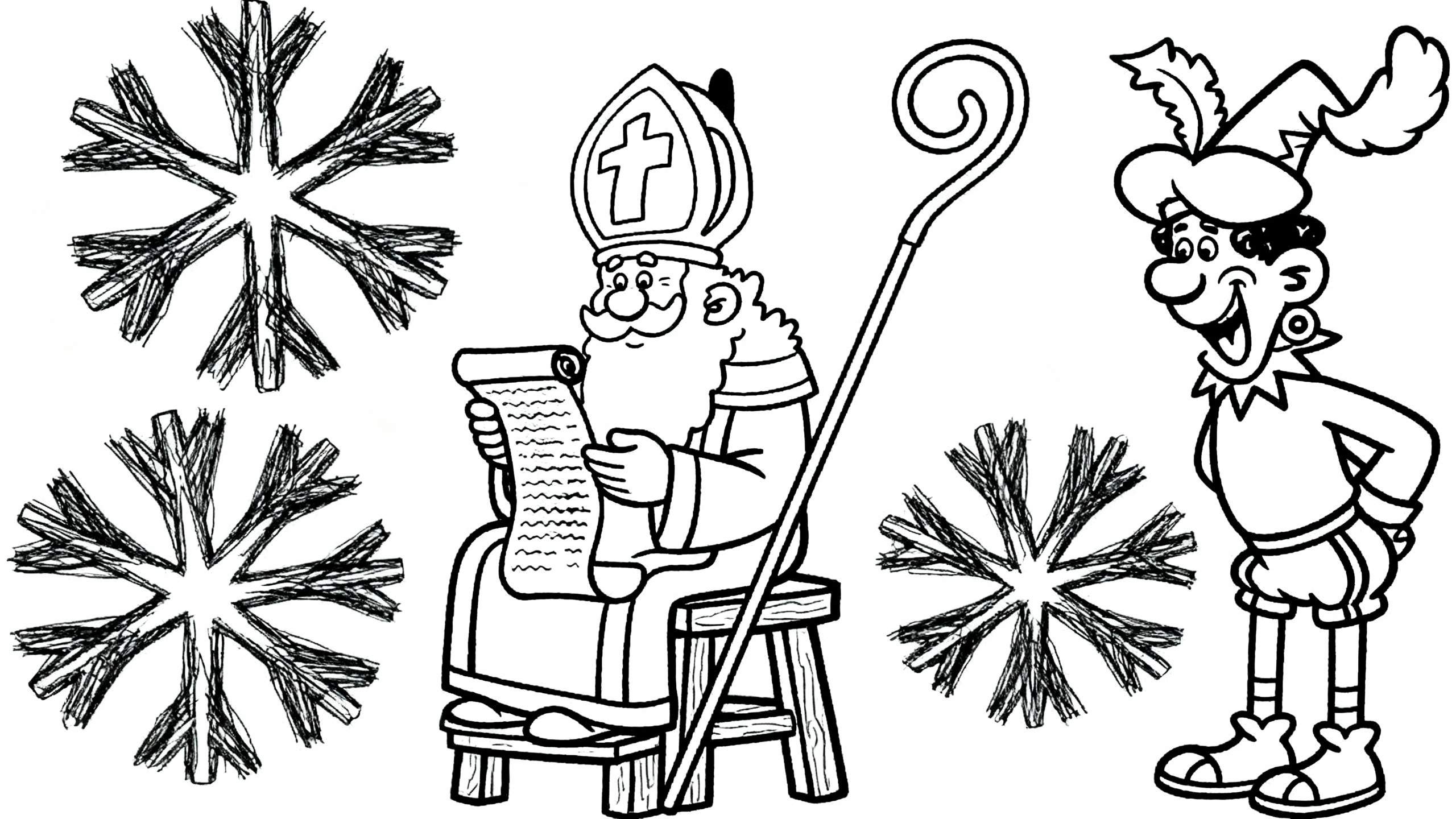 Zwart-wit kleurplaat met zittende Sinterklaas met mijter, staf en lijst, naast een vrolijke Zwarte Piet met gevederde muts en pofbroek, omringd door drie sneeuwvlokken.