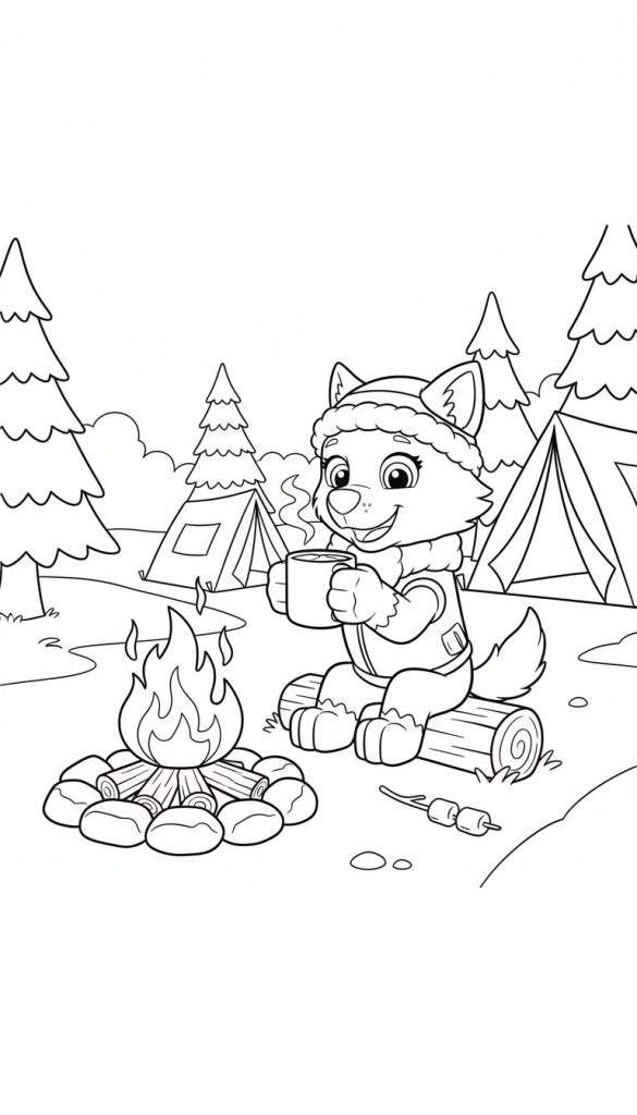 Kleurplaat van een lachende antropomorfe wolf/hond (Everest-stijl) met wintermuts en vest, zittend op een boomstam bij een kampvuur en drinkend uit een mok. Er liggen marshmallows klaar. Op de achtergrond dennenbomen en twee tenten.
