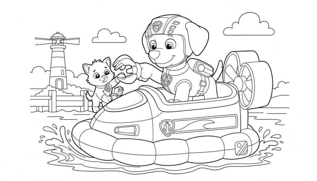 Zwart-wit kleurplaat van een hond, lijkend op Zuma van Paw Patrol, zittend in een hovercraft en een grijper vasthoudend. Naast hem staat een kat. De hovercraft vaart op water met golven, en op de achtergrond zijn een vuurtoren en een steiger te zien onder wolken.