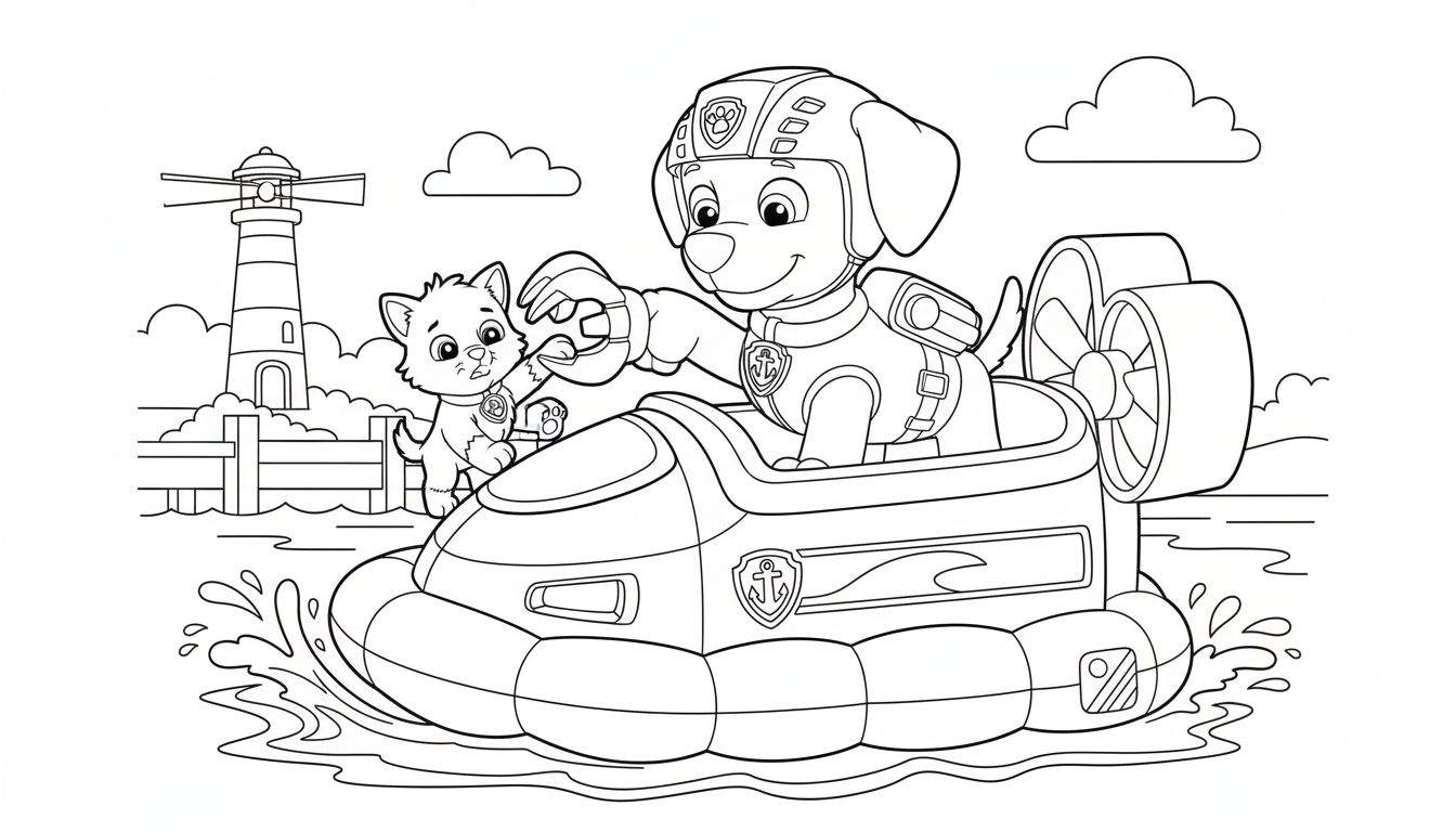 Zwart-wit kleurplaat van een hond, lijkend op Zuma van Paw Patrol, zittend in een hovercraft en een grijper vasthoudend. Naast hem staat een kat. De hovercraft vaart op water met golven, en op de achtergrond zijn een vuurtoren en een steiger te zien onder wolken.