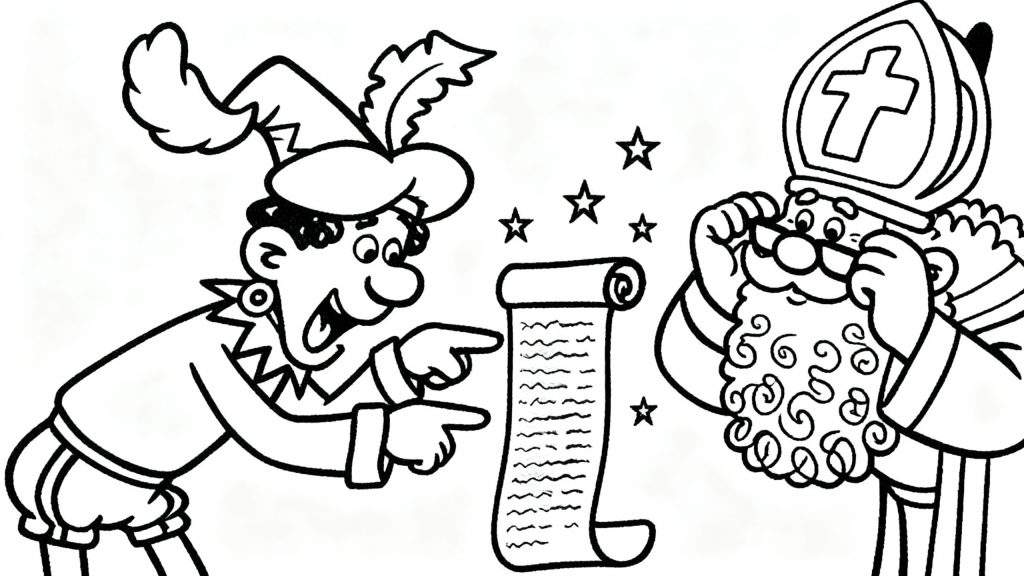 Kleurplaat: Sinterklaas en Zwarte Piet bekijken samen een opgerolde cadeaulijst met namen en cadeaus, omringd door sterren.