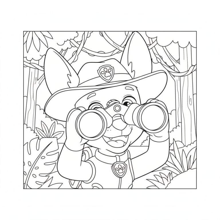 Zwart-wit kleurplaat van een vrolijke avontuurlijke hond (Tracker) met hoed en verrekijker in een gedetailleerde jungle-omgeving vol bladeren en lianen.