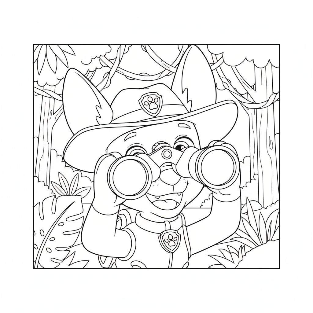 Zwart-wit kleurplaat van een vrolijke avontuurlijke hond (Tracker) met hoed en verrekijker in een gedetailleerde jungle-omgeving vol bladeren en lianen.