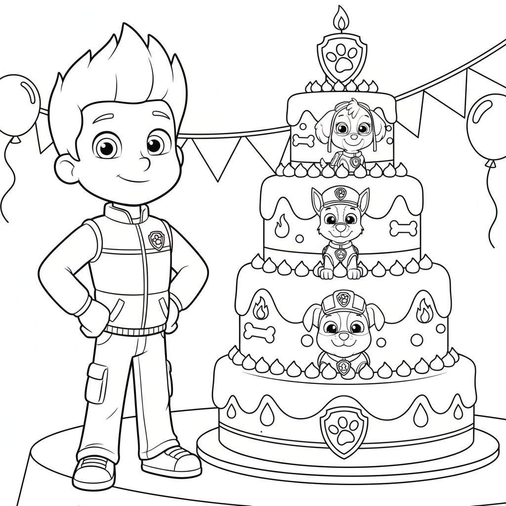 Een zwart-wit Paw Patrol kleurplaat toont Ryder, links, glimlachend met handen in zijn zij. Rechts staat een vierlaagse taart met bovenop een brandende kaars en een pootafdruk schild. Skye zit op de bovenste taartlaag, Chase op de tweede en Marshall op de derde. De taart is versierd met botjes, stippen en golvende lijnen. Rondom hangen ballonnen en vlaggetjesslingers.