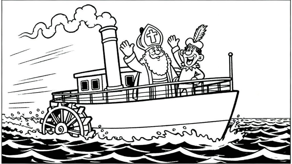 Kleurplaat van Sinterklaas en Zwarte Piet zwaaiend op een stoomboot met rokende schoorsteen en opspattend raderwerk op woelige golven.