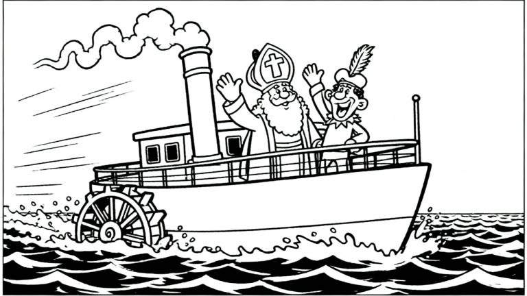 Kleurplaat van Sinterklaas en Zwarte Piet zwaaiend op een stoomboot met rokende schoorsteen en opspattend raderwerk op woelige golven.
