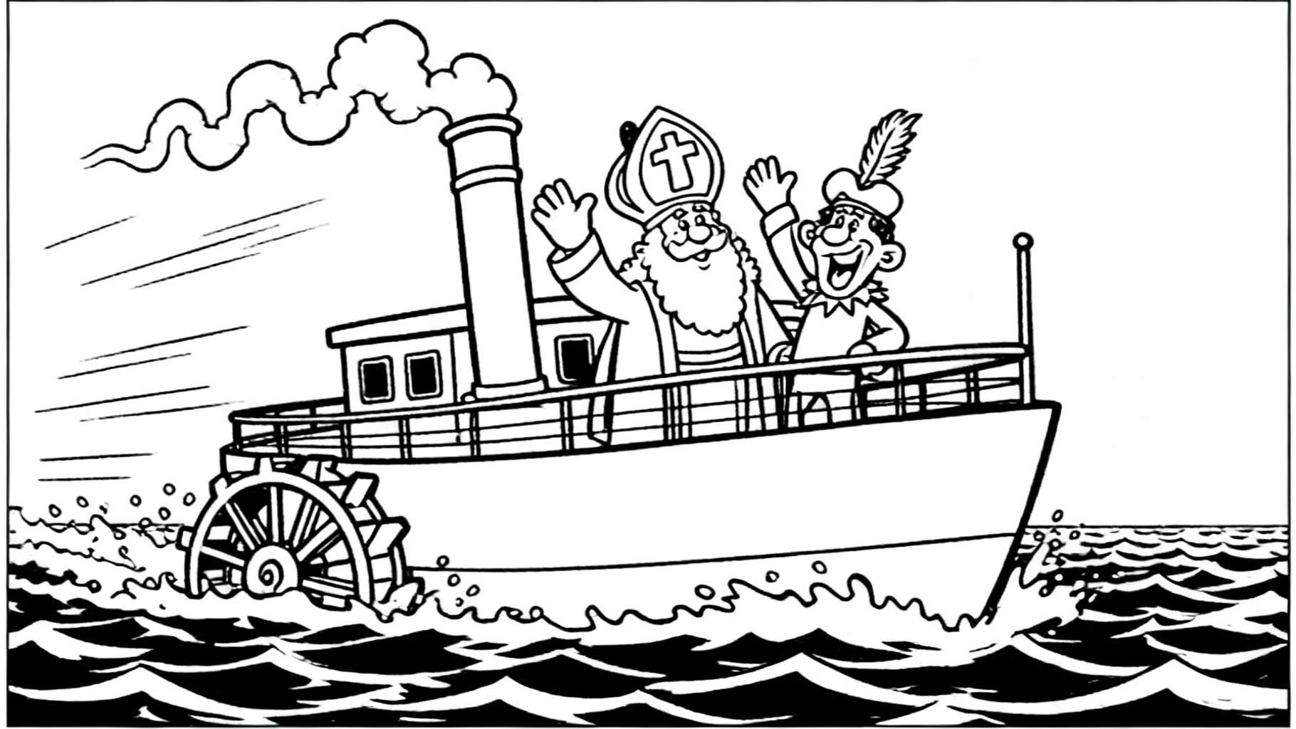 Kleurplaat van Sinterklaas en Zwarte Piet zwaaiend op een stoomboot met rokende schoorsteen en opspattend raderwerk op woelige golven.