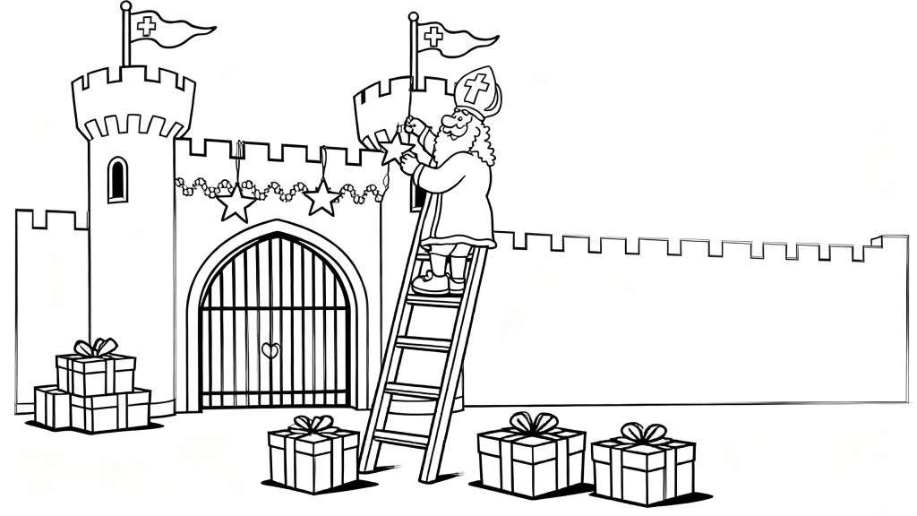 Zwart-wit kleurplaat van Sinterklaas op een ladder die een ster ophangt aan een feestelijk versierd kasteel, met cadeaus op de grond.