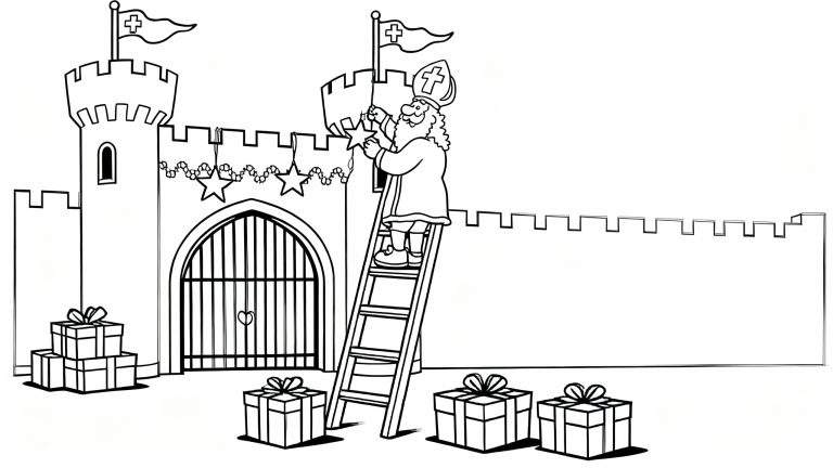 Zwart-wit kleurplaat van Sinterklaas op een ladder die een ster ophangt aan een feestelijk versierd kasteel, met cadeaus op de grond.