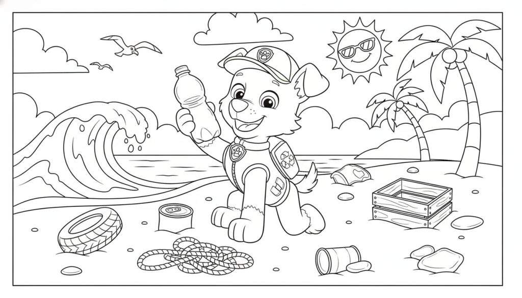 Zwart-wit kleurplaat van Rocky (Paw Patrol) op een vervuild strand, met een plastic fles en recyclesymbool, terwijl hij lacht. De achtergrond toont de zee, golven, meeuwen, palmbomen en een lachende zon. Het strand is bezaaid met zwerfafval zoals autobanden, blikjes en kratten, wat het belang van afvalinzameling en recycling benadrukt.