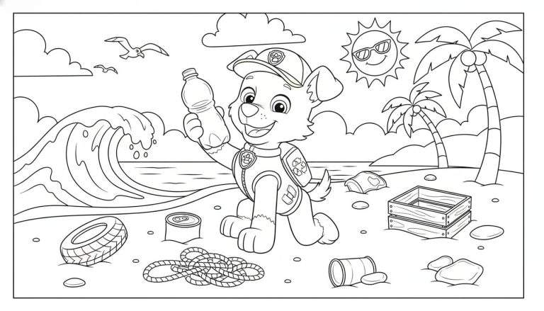 Zwart-wit kleurplaat van Rocky (Paw Patrol) op een vervuild strand, met een plastic fles en recyclesymbool, terwijl hij lacht. De achtergrond toont de zee, golven, meeuwen, palmbomen en een lachende zon. Het strand is bezaaid met zwerfafval zoals autobanden, blikjes en kratten, wat het belang van afvalinzameling en recycling benadrukt.