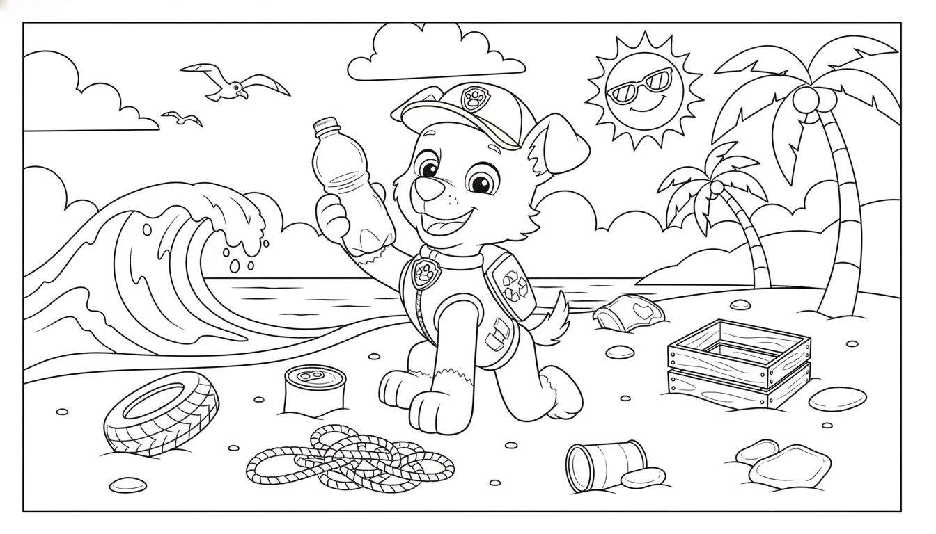 Zwart-wit kleurplaat van Rocky (Paw Patrol) op een vervuild strand, met een plastic fles en recyclesymbool, terwijl hij lacht. De achtergrond toont de zee, golven, meeuwen, palmbomen en een lachende zon. Het strand is bezaaid met zwerfafval zoals autobanden, blikjes en kratten, wat het belang van af