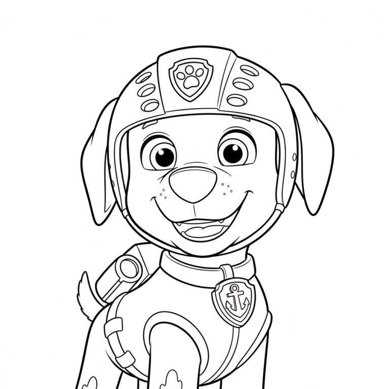 Zwart-wit lijntekening van Zuma van Paw Patrol, een lachende cartoonhond met helm, pootafdruk embleem en ankerpenning aan zijn halsband.