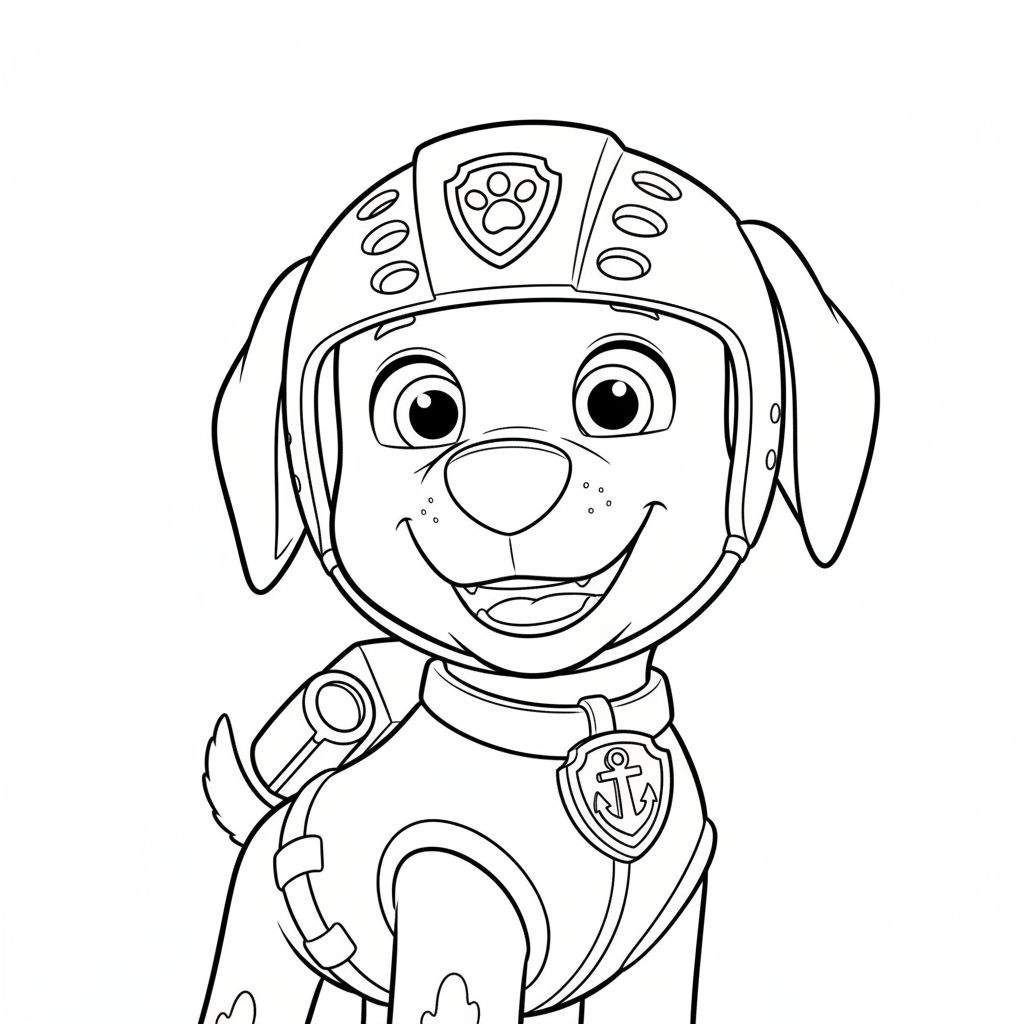Zwart-wit lijntekening van Zuma van Paw Patrol, een lachende cartoonhond met helm, pootafdruk embleem en ankerpenning aan zijn halsband.