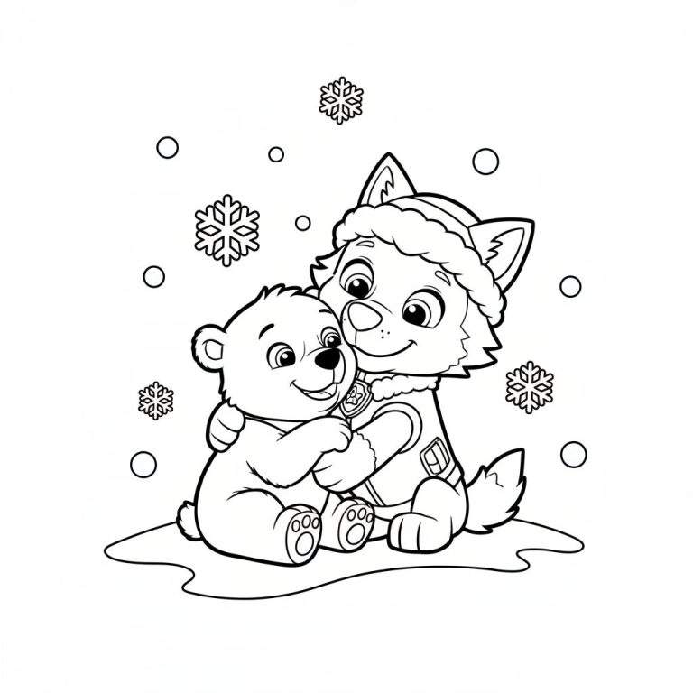 Kleurplaat van een berenwelpje en een husky-hondje (Everest) die elkaar knuffelen in de sneeuw, omringd door sneeuwvlokken. De hond draagt een wintermuts en uniform.