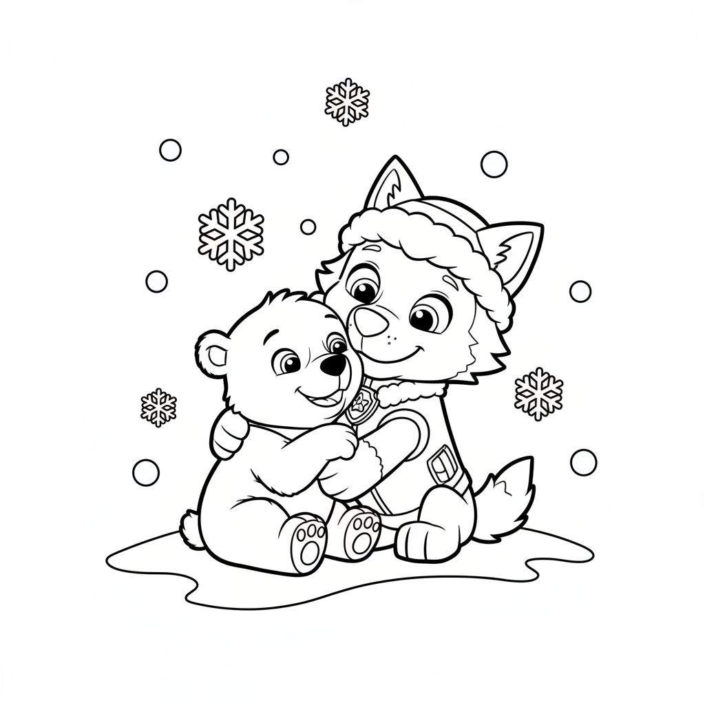 Kleurplaat van een berenwelpje en een husky-hondje (Everest) die elkaar knuffelen in de sneeuw, omringd door sneeuwvlokken. De hond draagt een wintermuts en uniform.