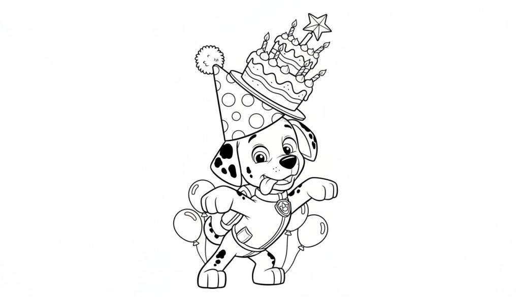 Zwart-wit kleurplaat van Marshall de Dalmatiër van Paw Patrol, vrolijk feestvierend met een feestmuts, verjaardagstaart en ballonnen, in een dansende pose.