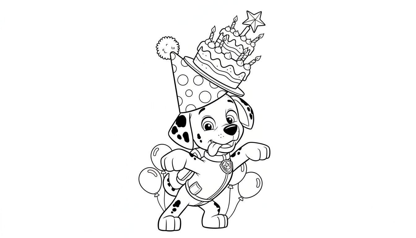 Zwart-wit kleurplaat van Marshall de Dalmatiër van Paw Patrol, vrolijk feestvierend met een feestmuts, verjaardagstaart en ballonnen, in een dansende pose.