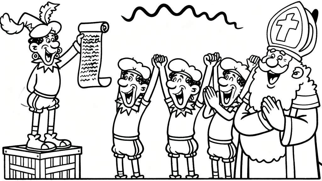 Kleurplaat van lachende Sinterklaas en juichende Pieten, met een Piet op een kist die het Grote Boek vasthoudt.