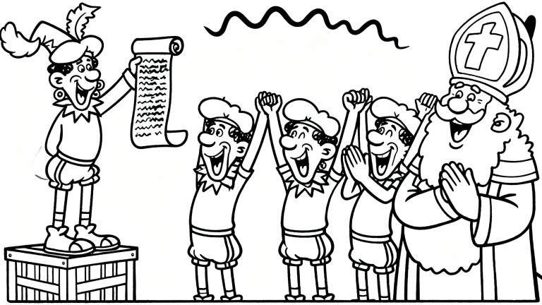 Kleurplaat van lachende Sinterklaas en juichende Pieten, met een Piet op een kist die het Grote Boek vasthoudt.