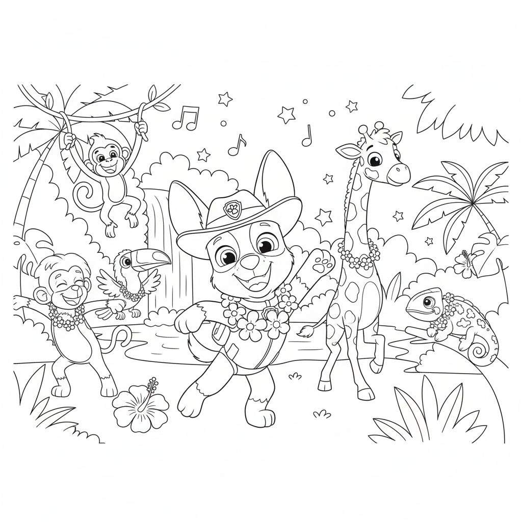Kleurplaat van Tracker (hond, Paw Patrol-stijl) in de jungle met andere vrolijke dieren zoals apen, een toekan, giraf en kameleon, omringd door palmbomen en een waterval.