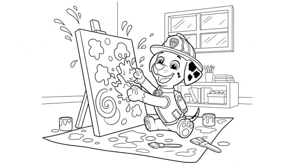 Marshall van Paw Patrol zit vrolijk te schilderen op een ezel in zijn brandweeruniform, met verfspatten op zijn poten en de grond. De achtergrond toont een kamer met een raam en een boekenkast.