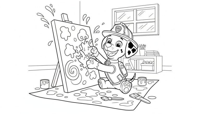 Marshall van Paw Patrol zit vrolijk te schilderen op een ezel in zijn brandweeruniform, met verfspatten op zijn poten en de grond. De achtergrond toont een kamer met een raam en een boekenkast.