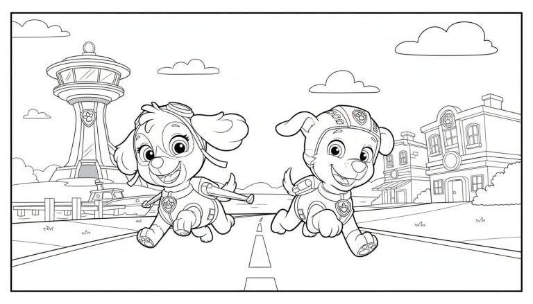 Zwart-wit lijntekening van Paw Patrol's Skye en Marshall. Skye, in roze pilotenoutfit, lacht en rent links, terwijl Marshall, in rood brandweeruniform, rechts vrolijk rent. Tussen hen in is een weg met stippellijnen. De achtergrond toont de Paw Patrol uitkijktoren, water, een boot, steiger en diverse gebouwen van Adventure Bay onder wolken.