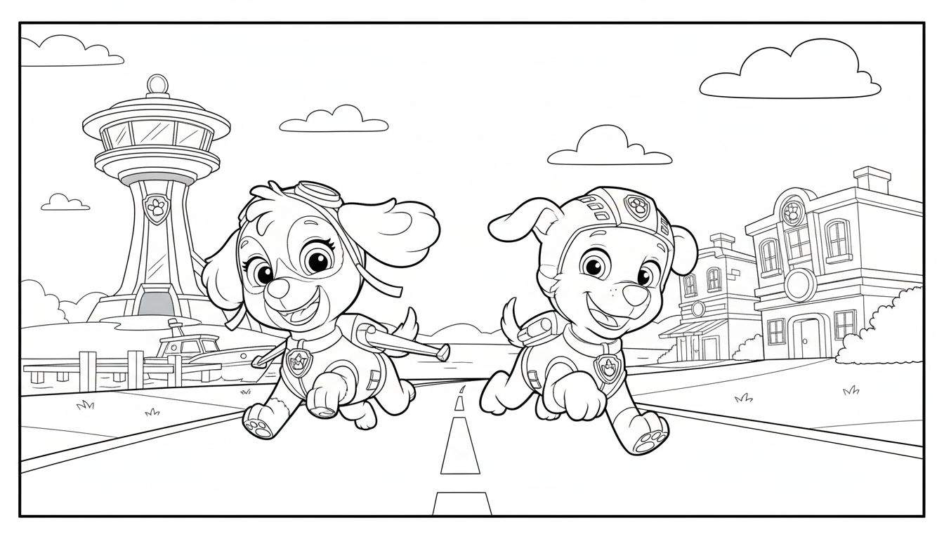 Zwart-wit lijntekening van Paw Patrol's Skye en Marshall. Skye, in roze pilotenoutfit, lacht en rent links, terwijl Marshall, in rood brandweeruniform, rechts vrolijk rent. Tussen hen in is een weg met stippellijnen. De achtergrond toont de Paw Patrol uitkijktoren, water, een boot, steiger en divers