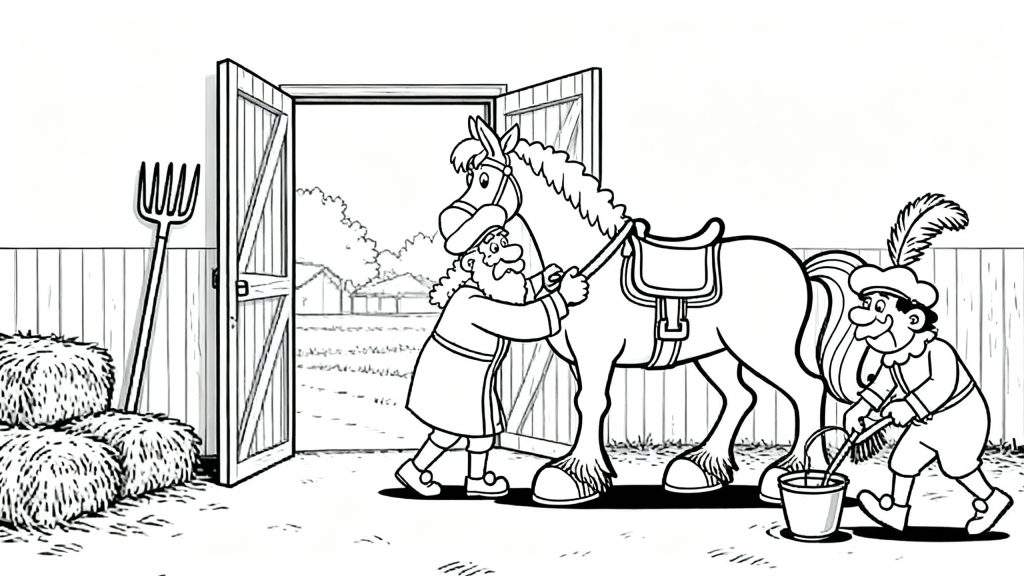 Kleurplaat: Sinterklaas en Piet verzorgen paard Amerigo in een rustieke stal. Sinterklaas borstelt het paard, terwijl Piet met een borstel en emmer helpt. Hooi en open staldeuren met landschap op de achtergrond.