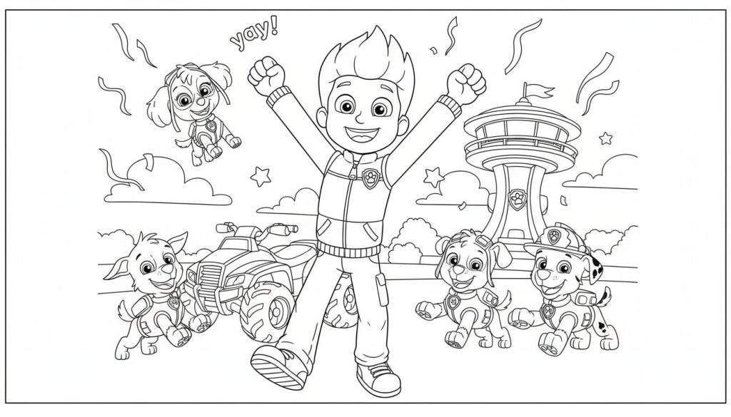 Zwart-wit Paw Patrol kleurplaat van een feestelijke viering met Ryder, Skye, Marshall, Chase en Rocky. Ryder staat triomfantelijk, Skye zweeft, pups rennen voor de Paw Patrol uitkijktoren, omringd door slingers en confetti.