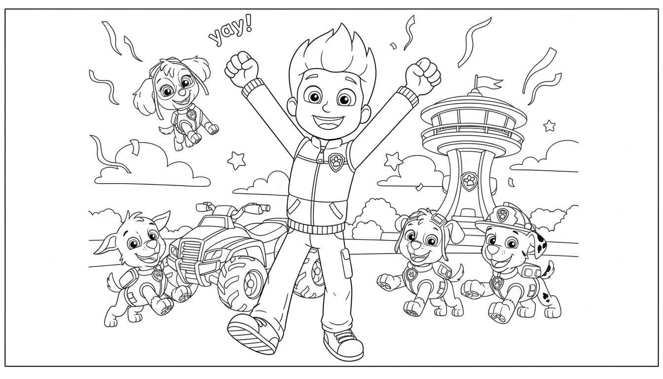 Zwart-wit Paw Patrol kleurplaat van een feestelijke viering met Ryder, Skye, Marshall, Chase en Rocky. Ryder staat triomfantelijk, Skye zweeft, pups rennen voor de Paw Patrol uitkijktoren, omringd door slingers en confetti.