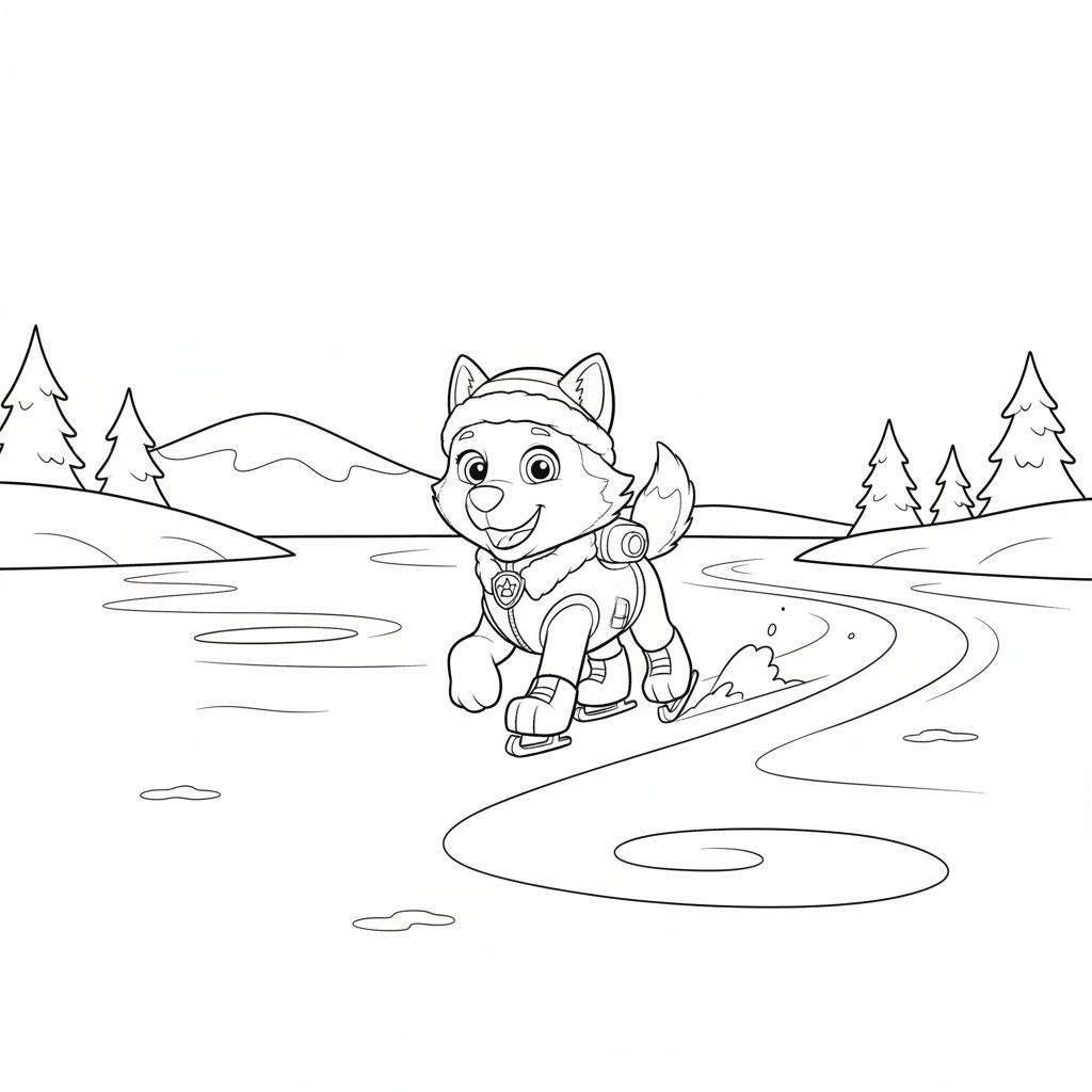 Zwart-wit kleurplaat van Everest, de vrolijke husky, die schaatst in een winterlandschap met besneeuwde heuvels en naaldbomen.