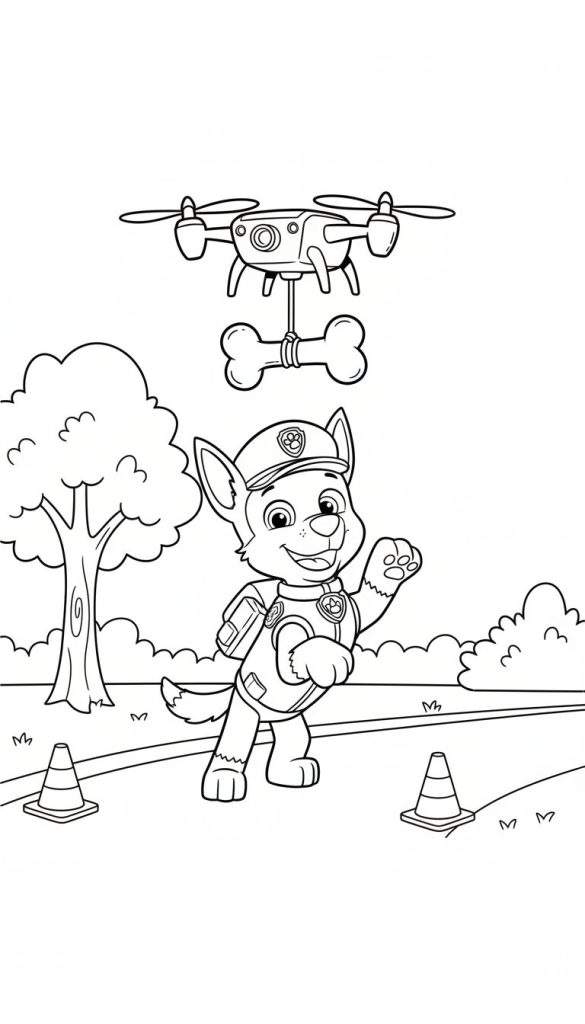 Kleurplaat van Paw Patrol's Chase, lachend in politie-uniform, met een botdragende drone boven hem. Verkeerskegels en een boom vormen de achtergrond in een speelse buitenomgeving.