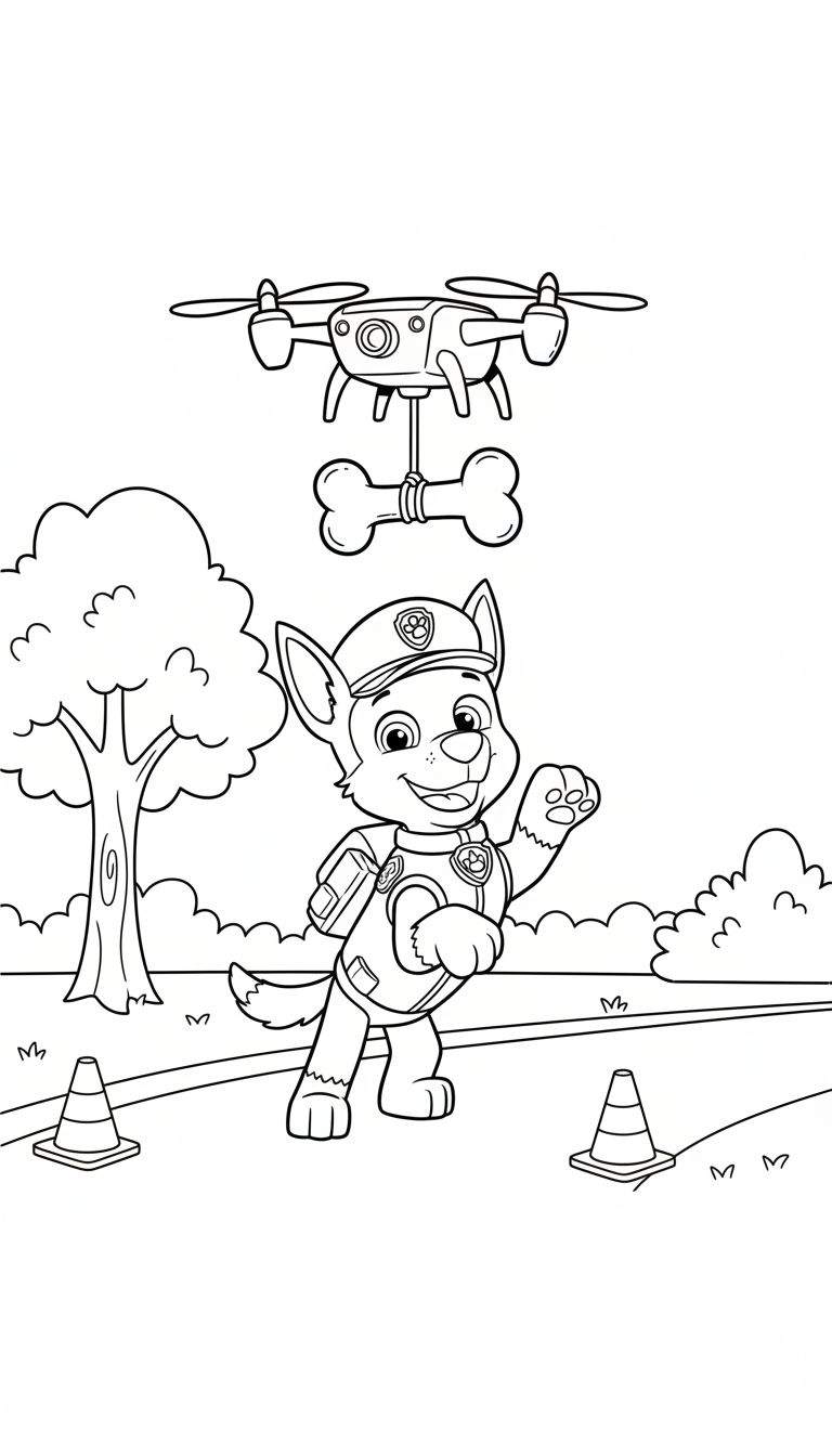 Kleurplaat van Paw Patrol's Chase, lachend in politie-uniform, met een botdragende drone boven hem. Verkeerskegels en een boom vormen de achtergrond in een speelse buitenomgeving.