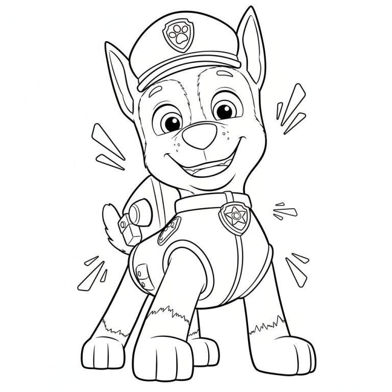 Zwart-wit lijntekening van Chase van Paw Patrol, vrolijk lachend met politiepet en uniform, omgeven door energieke lijnen. Klaar om in te kleuren.