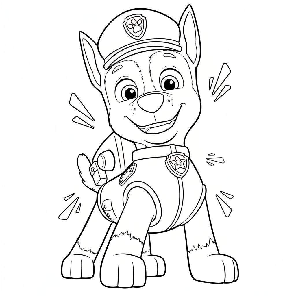 Zwart-wit lijntekening van Chase van Paw Patrol, vrolijk lachend met politiepet en uniform, omgeven door energieke lijnen. Klaar om in te kleuren.