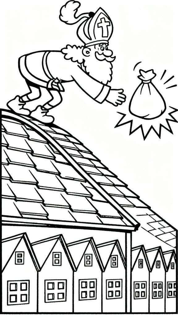 Zwart-wit kleurplaat van Sinterklaas op een pannendak, reikend naar een zwevende, magische pakjeszak boven een rij typisch Nederlandse huizen.