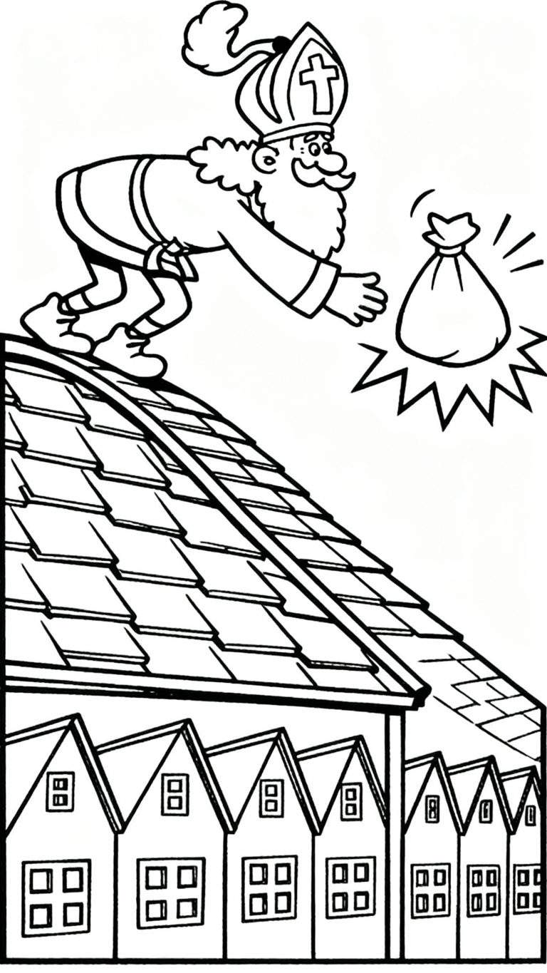 Zwart-wit kleurplaat van Sinterklaas op een pannendak, reikend naar een zwevende, magische pakjeszak boven een rij typisch Nederlandse huizen.