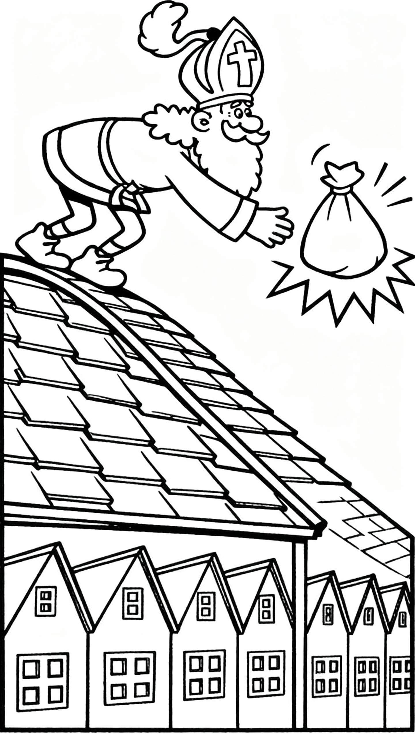 Zwart-wit kleurplaat van Sinterklaas op een pannendak, reikend naar een zwevende, magische pakjeszak boven een rij typisch Nederlandse huizen.