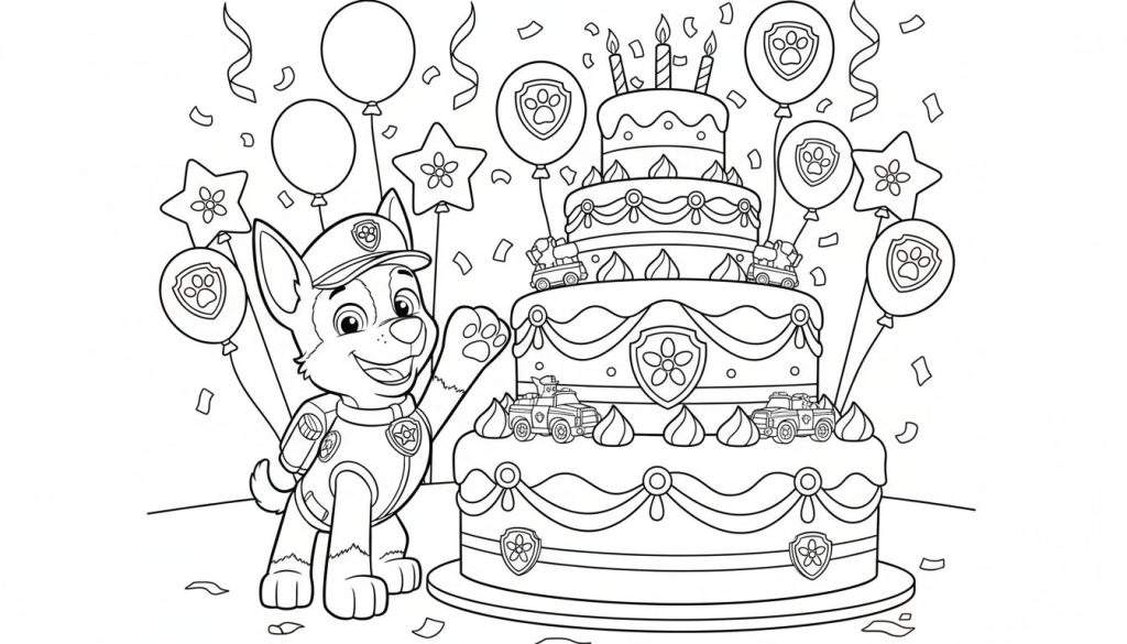 Zwart-wit lijntekening van Paw Patrol's Chase in politie-uniform, breed lachend en zwaaiend, naast een vierlaagse verjaardagstaart met brandende kaarsjes, glazuur, mini-auto's en Paw Patrol-logo's. Feestelijke ballonnen en confetti vliegen rond.