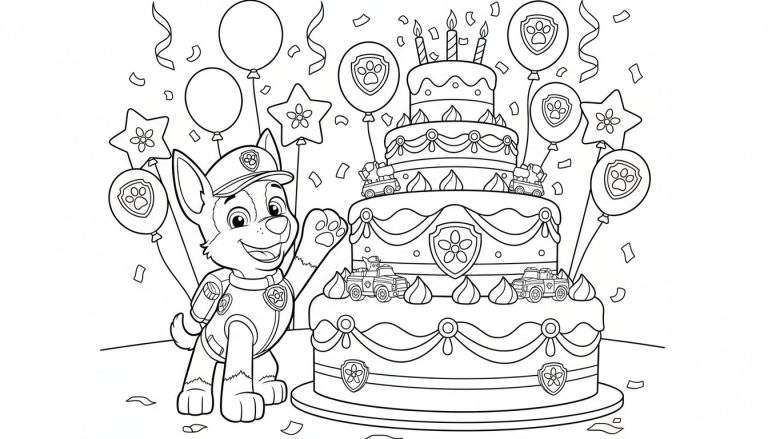 Zwart-wit lijntekening van Paw Patrol's Chase in politie-uniform, breed lachend en zwaaiend, naast een vierlaagse verjaardagstaart met brandende kaarsjes, glazuur, mini-auto's en Paw Patrol-logo's. Feestelijke ballonnen en confetti vliegen rond.