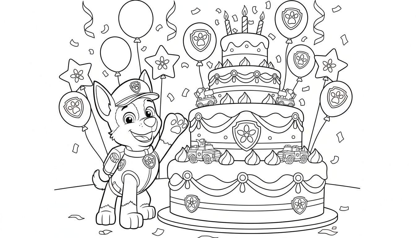 Zwart-wit lijntekening van Paw Patrol's Chase in politie-uniform, breed lachend en zwaaiend, naast een vierlaagse verjaardagstaart met brandende kaarsjes, glazuur, mini-auto's en Paw Patrol-logo's. Feestelijke ballonnen en confetti vliegen rond.