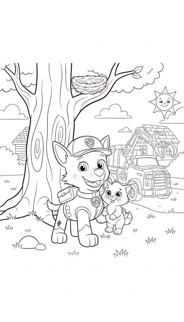 Zwart-wit kleurplaat van Rocky van Paw Patrol in recycle-uniform met een katje, staand voor een recyclingwagen, boom met vogelnestje en huisje, onder een lachende zon.