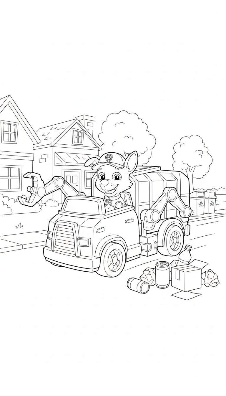 Kleurplaat van Paw Patrol's Rocky in zijn groene recyclingtruck met grijperarm, bezig met het opruimen van afval (blikjes, fles, doos) naast recyclingbakken in een woonwijk met huizen en bomen op de achtergrond.