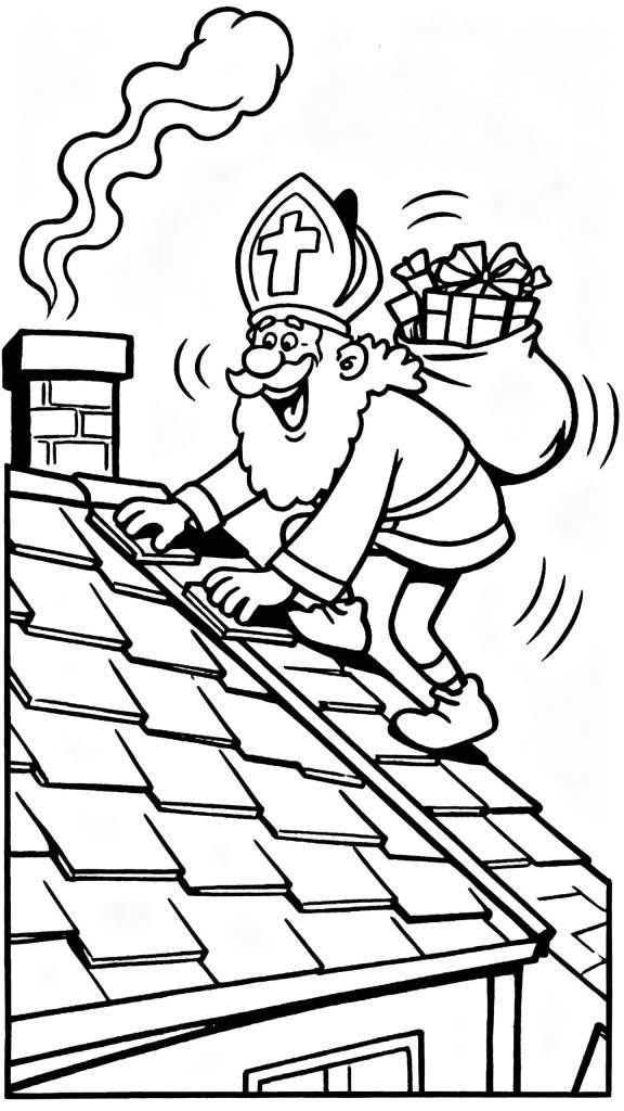 Kleurplaat van Sinterklaas die lachend over een dak kruipt met een zak vol cadeautjes op zijn schouder, naast een rokende schoorsteen. Traditioneel Sinterklaasbeeld.