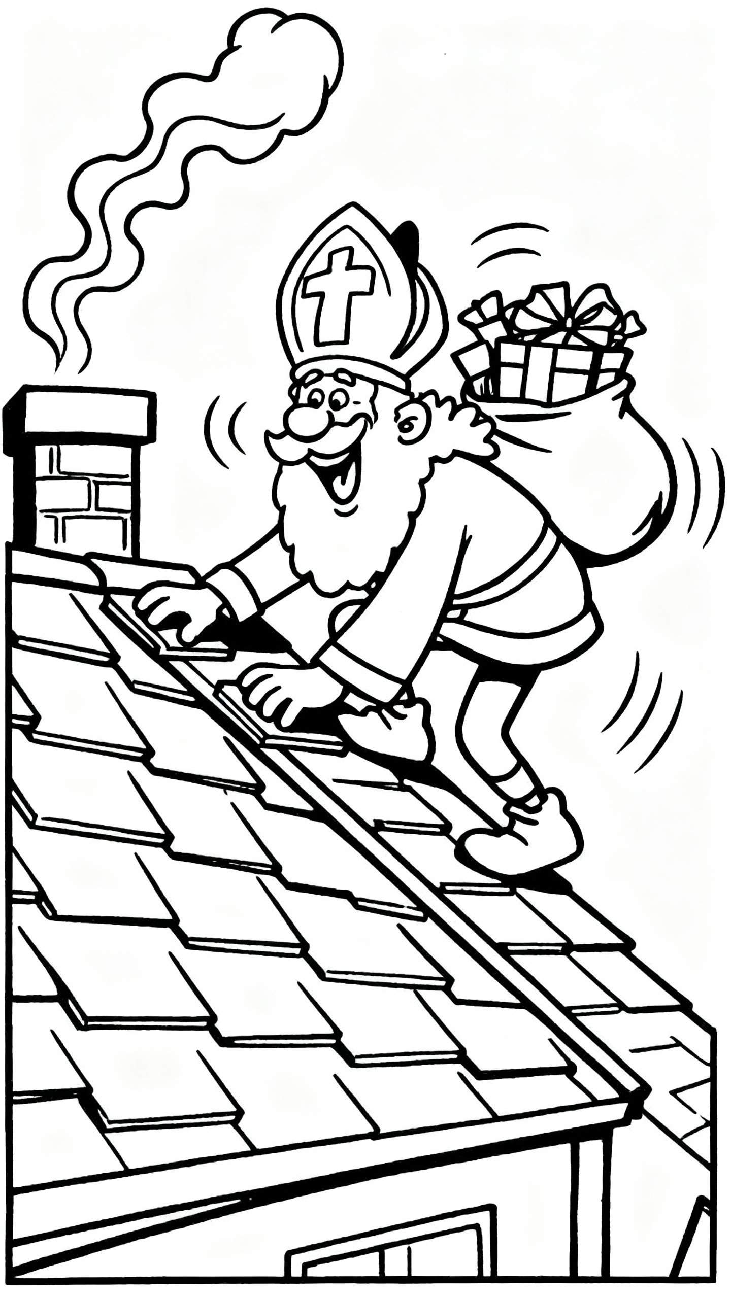 Kleurplaat van Sinterklaas die lachend over een dak kruipt met een zak vol cadeautjes op zijn schouder, naast een rokende schoorsteen. Traditioneel Sinterklaasbeeld.
